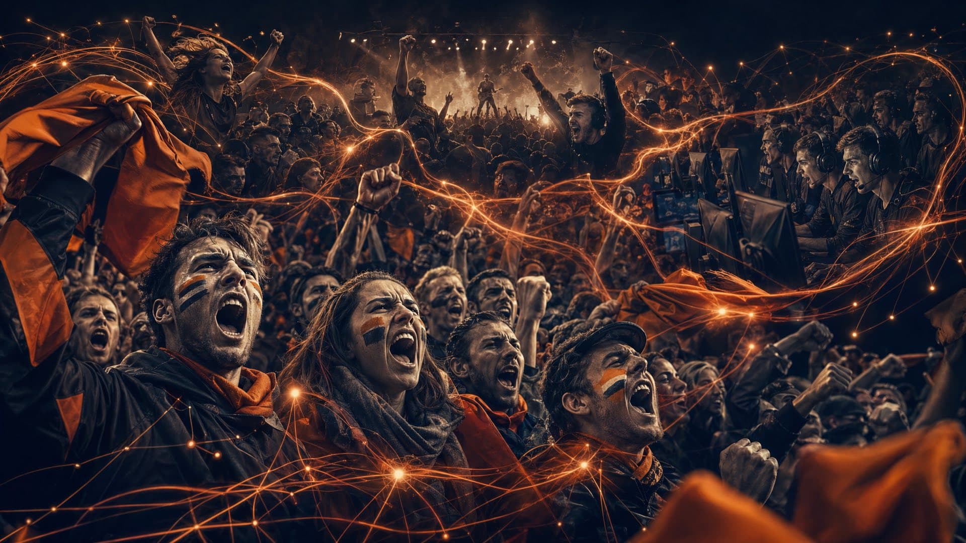 Fans celebrating in a stadium at night